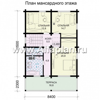 Проект двухэтажного дома из бруса, планировка с кабинетом и с террасой со стороны входа и балконом, в современном стиле - превью план дома