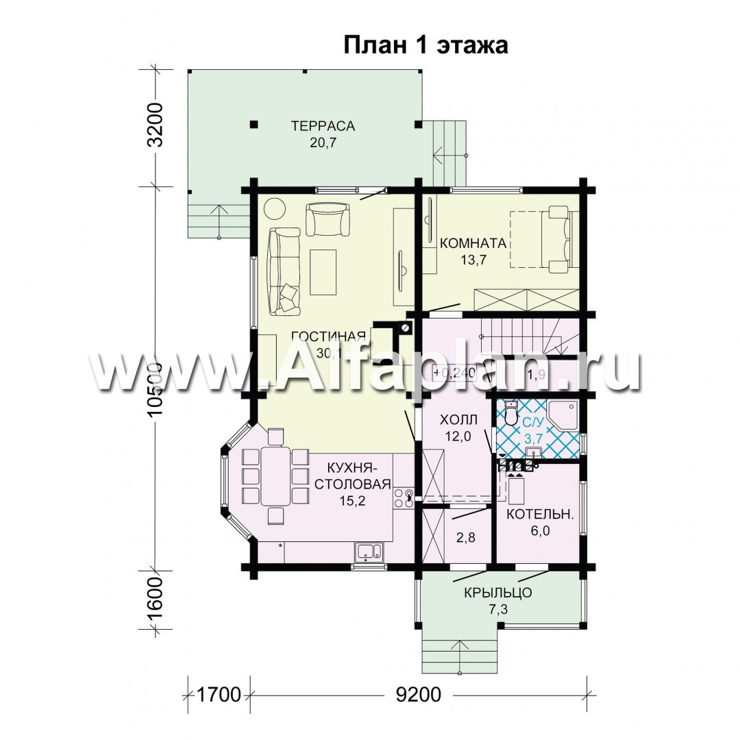 Проект двухэтажного коттеджа из бруса, планировка с кабинетом и с эркером, терраса со стороны входа - план дома