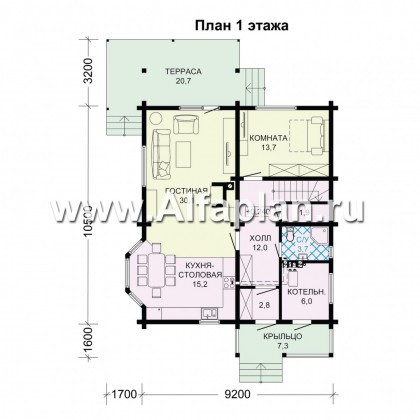 Проект двухэтажного коттеджа из бруса, планировка с кабинетом и с эркером, терраса со стороны входа - превью план дома