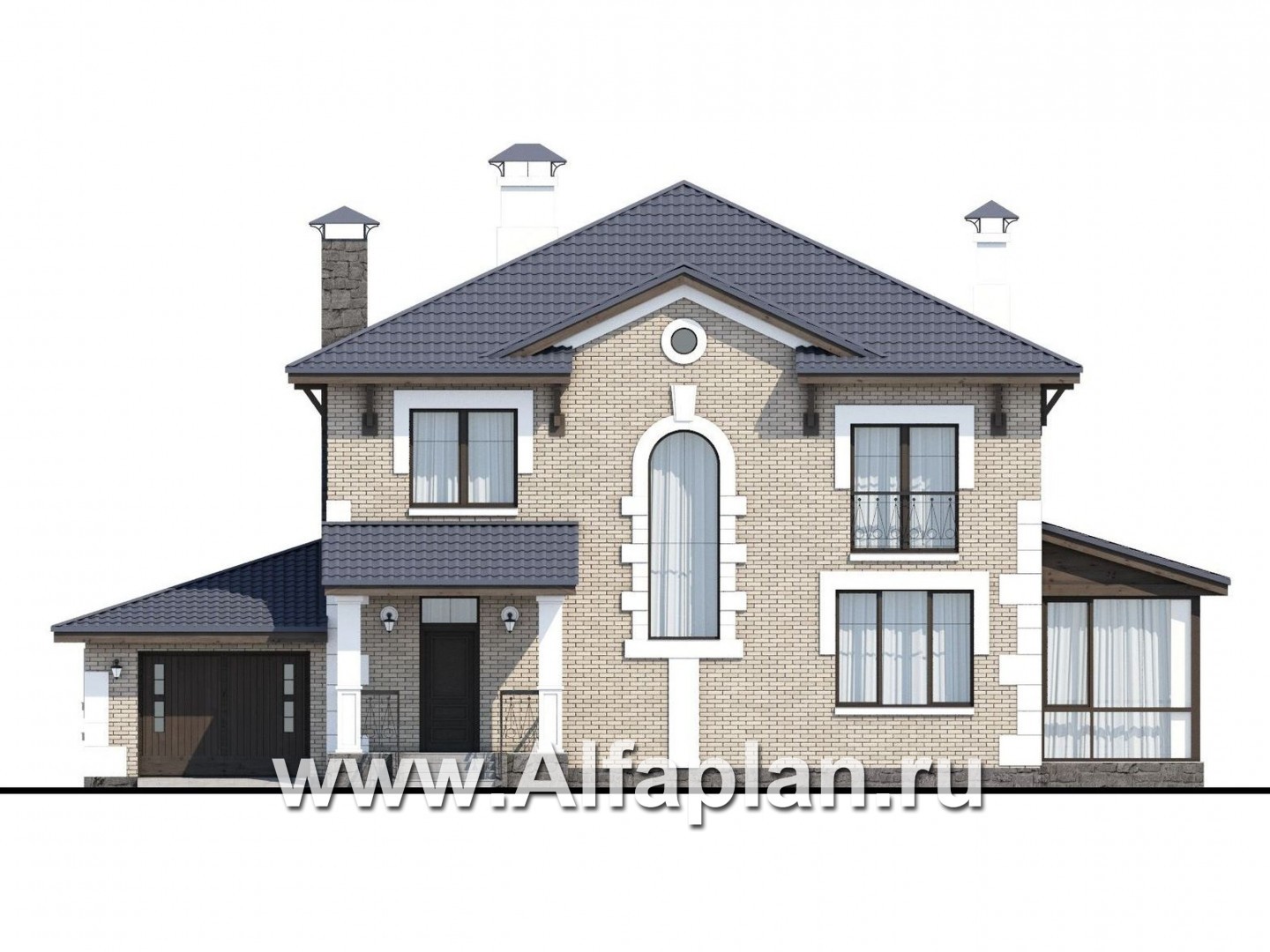 Проекты домов Альфаплан - «Земляничная поляна» - двухэтажный коттедж с гаражом и верандой - изображение фасада №1