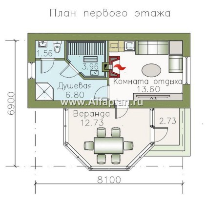 Проект бани с остекленной верандойв форме кристалла - превью план дома