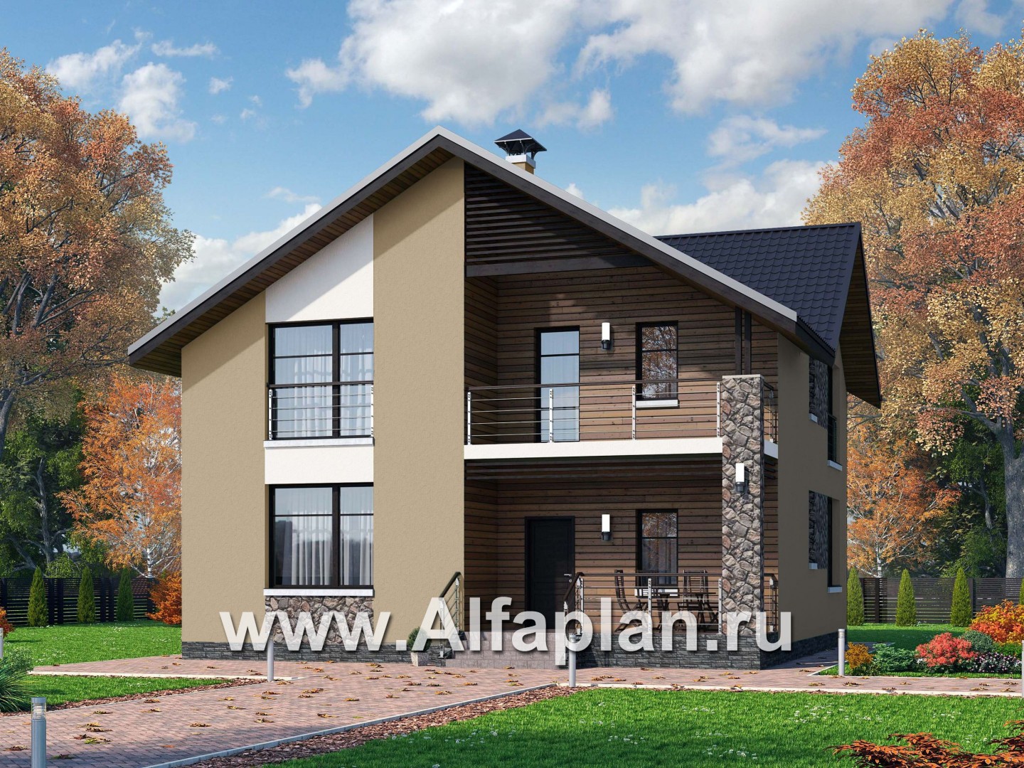 Проекты домов Альфаплан - «Заря» - проект коттеджа с мансардой и с балконом, 4 спальни по 19,5 м2 - основное изображение