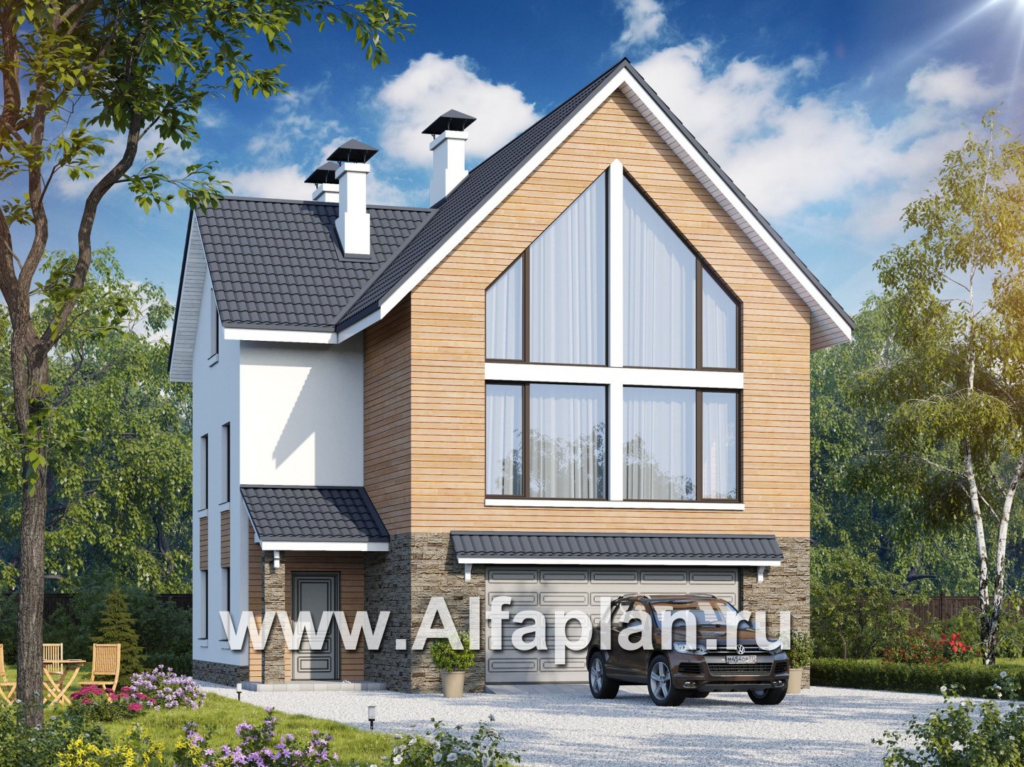 «Сапфир» - проект двухэтажного дома с мансардой, с гаражом на 2 авто в цоколе, в современном стиле - основное изображение