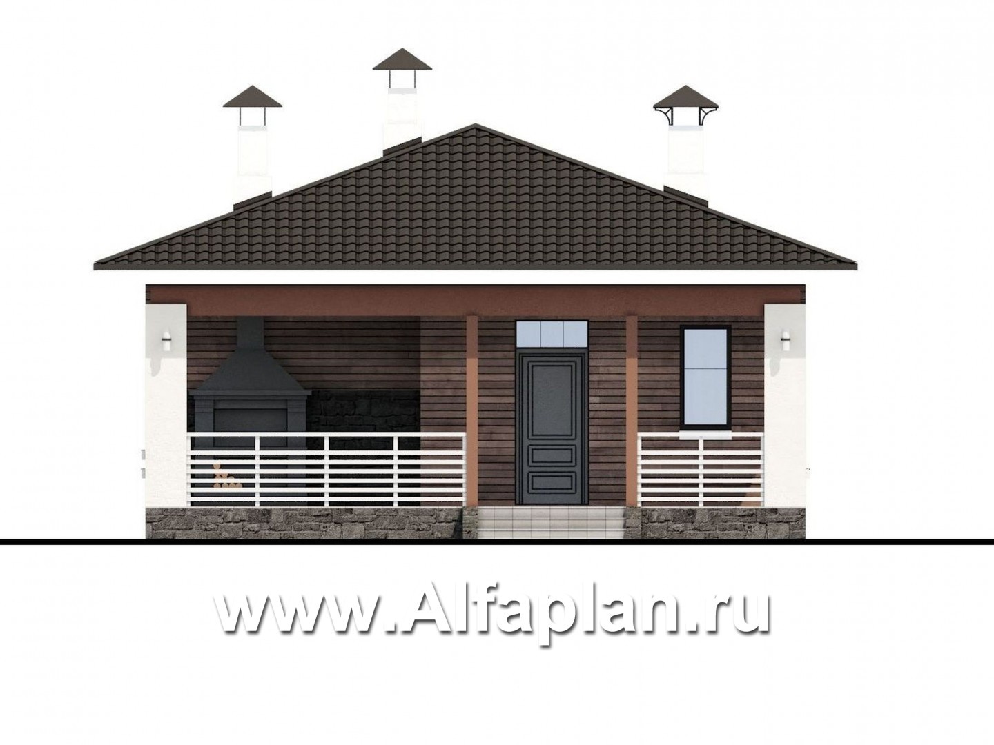 Проекты домов Альфаплан - «Мелета» - проект одноэтажного дома из газобетона, 3 спальни, с террасой, в современном стиле - изображение фасада №1