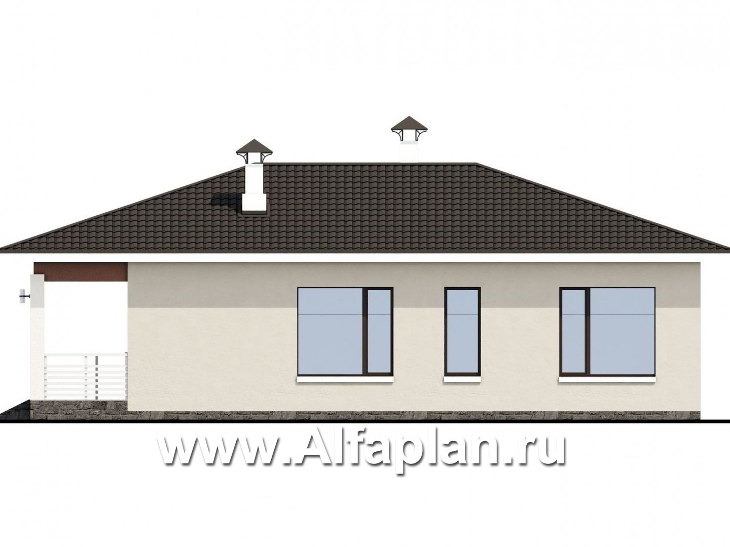 Проекты домов Альфаплан - «Мелета» - проект одноэтажного дома из газобетона, 3 спальни, с террасой, в современном стиле - изображение фасада №2