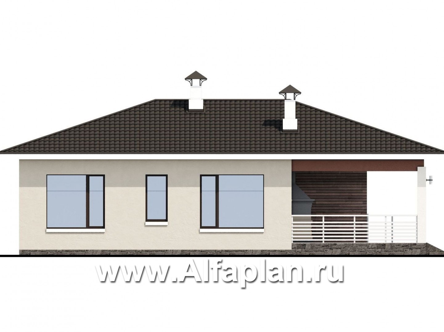 Проекты домов Альфаплан - «Мелета» - проект одноэтажного дома из газобетона, 3 спальни, с террасой, в современном стиле - изображение фасада №3