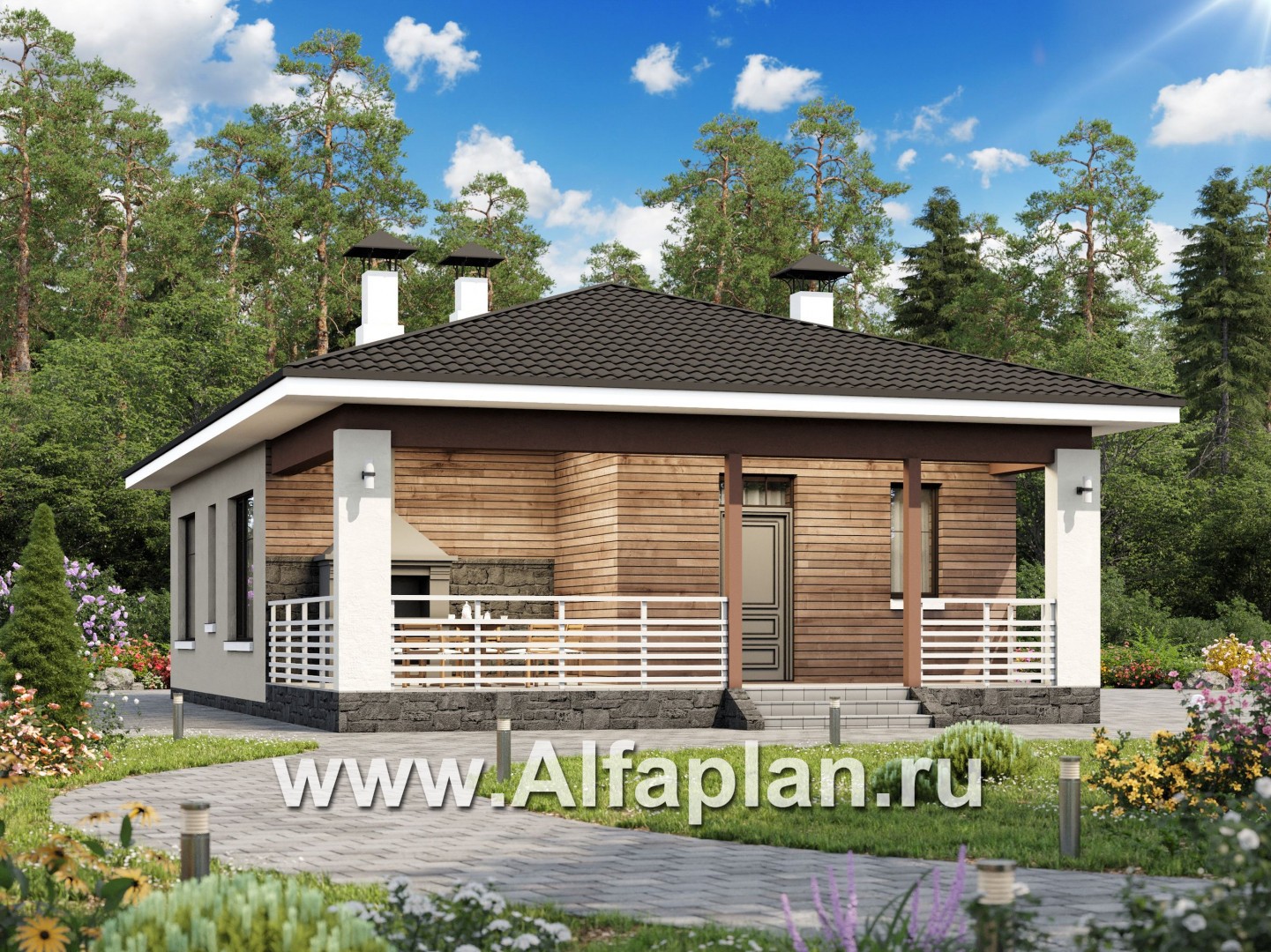 Проекты домов Альфаплан - «Мелета» - проект одноэтажного дома из газобетона, 3 спальни, с террасой, в современном стиле - основное изображение