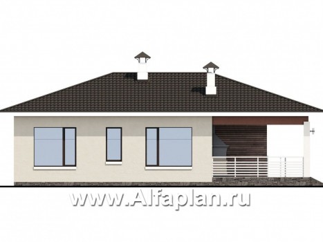 Проекты домов Альфаплан - «Мелета» - проект одноэтажного дома из газобетона, 3 спальни, с террасой, в современном стиле - превью фасада №3