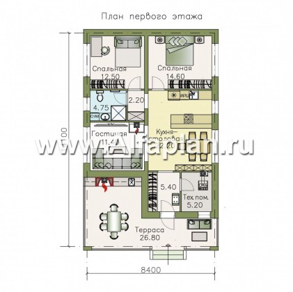 Проекты домов Альфаплан - «Мелета» - проект одноэтажного дома из газобетона, 3 спальни, с террасой, в современном стиле - превью плана проекта №1