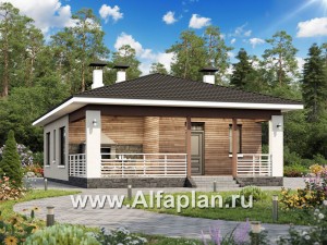 Проекты домов Альфаплан - «Мелета» - проект одноэтажного дома из газобетона, 3 спальни, с террасой, в современном стиле - превью основного изображения