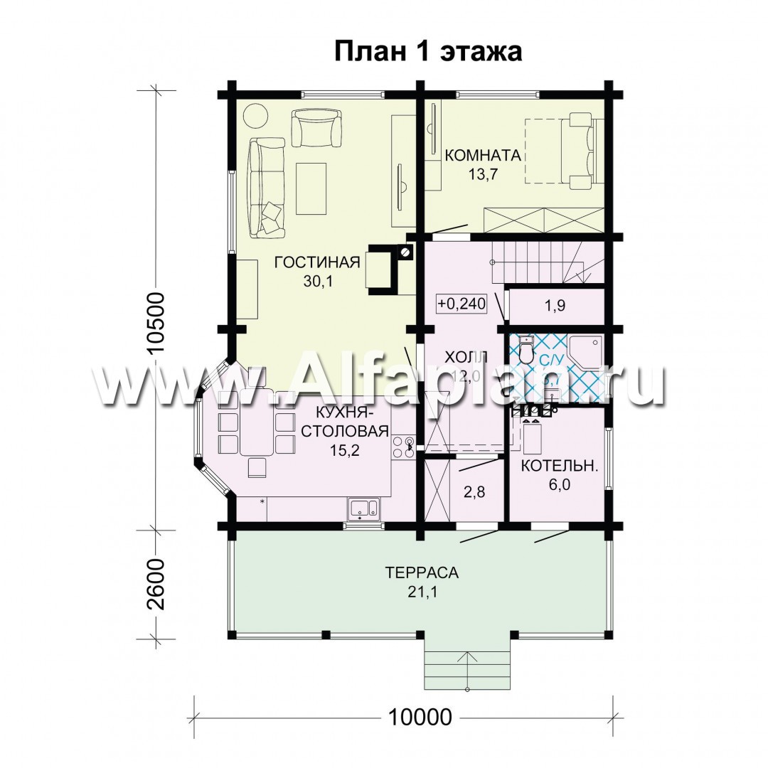 Проект двухэтажного дома из бруса, планировка с кабинетом и с эркером, терраса и балкон со стороны входа - план дома