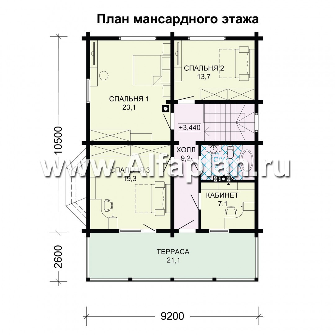 Проект двухэтажного дома из бруса, планировка с кабинетом и с эркером, терраса и балкон со стороны входа - план дома