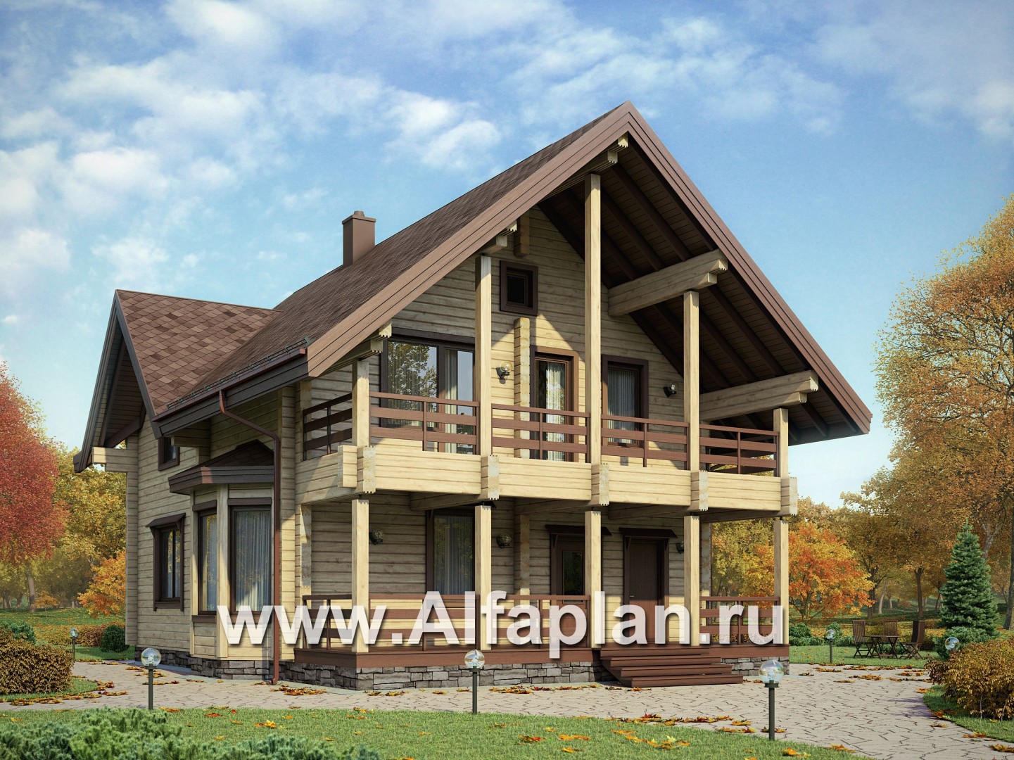 Проект двухэтажного дома из бруса, планировка с кабинетом и с эркером, терраса и балкон со стороны входа - основное изображение