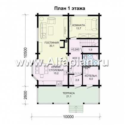 Проект двухэтажного дома из бруса, планировка с кабинетом и с эркером, терраса и балкон со стороны входа - превью план дома