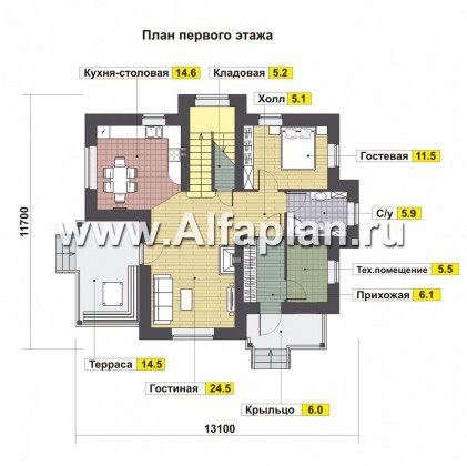 Проект двухэтажного дома, из кирпича, планировка с террасой, в стиле фахверк - превью план дома