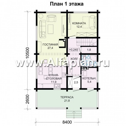 Проект дома с мансардой из бревен, с террасой и с балконом - превью план дома