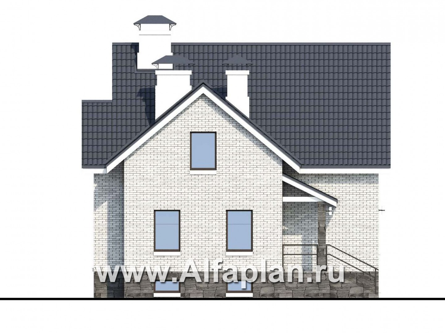 Проекты домов Альфаплан - «Сапфир» - проект двухэтажного дома с мансардой, с сауной в цокольном этаже, с панорамным остеклением в современном стиле - изображение фасада №3