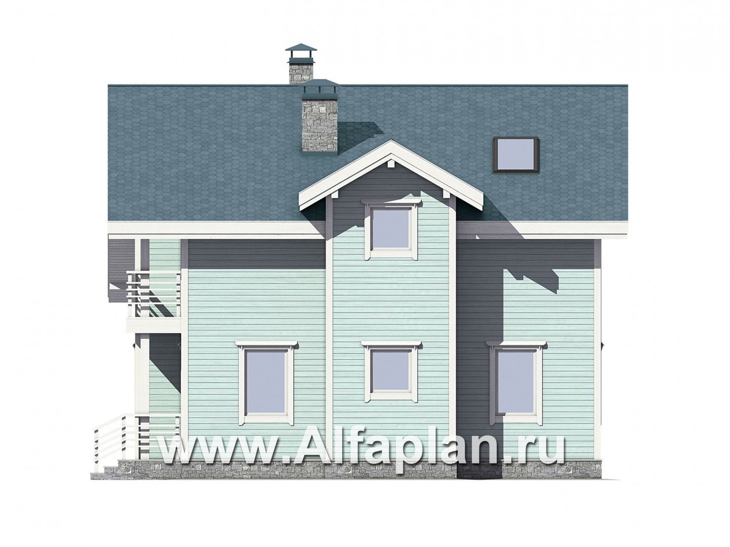 Проект каркасного дома с мансардой, мастер спальня, планировка с кабинетом на 1 эт, с террасой и с балконом - фасад дома