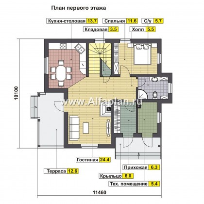 Проект каркасного дома с мансардой, мастер спальня, планировка с кабинетом на 1 эт, с террасой и с балконом - превью план дома