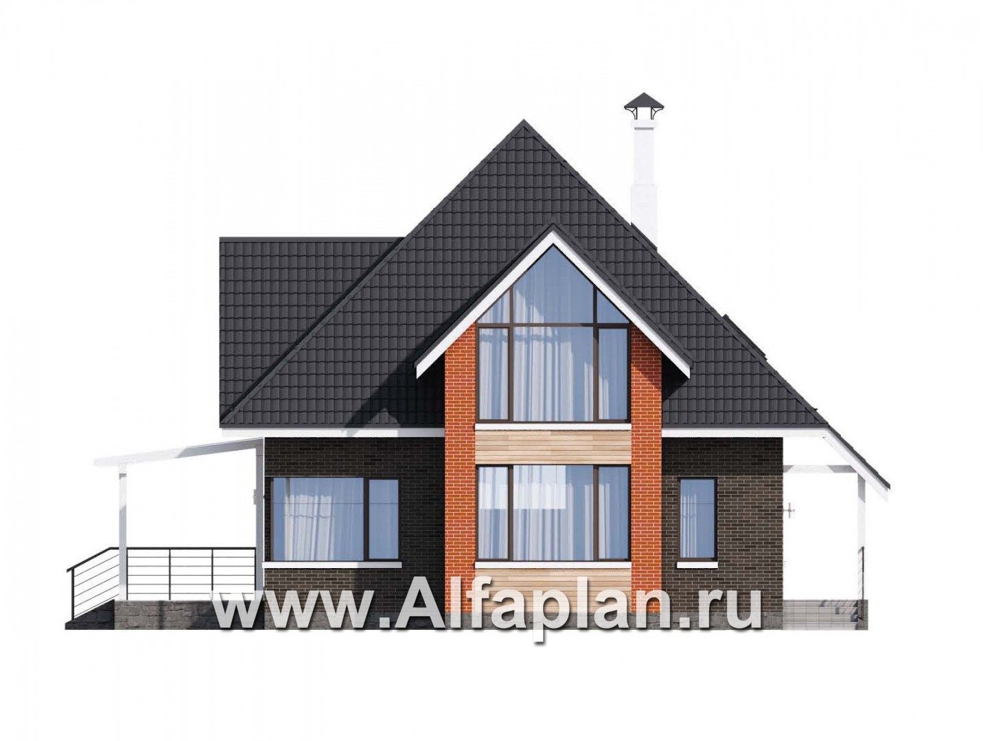 «Альтаир» - проект дома с мансардой, из кирпича или газобетона, фасад из штукатурки, с террасой, современный стиль - фасад дома