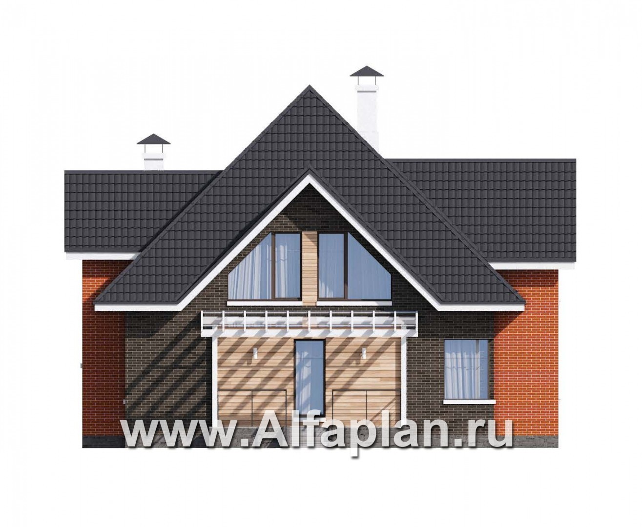 «Альтаир» - проект дома с мансардой, из кирпича или газобетона, фасад из штукатурки, с террасой, современный стиль - фасад дома