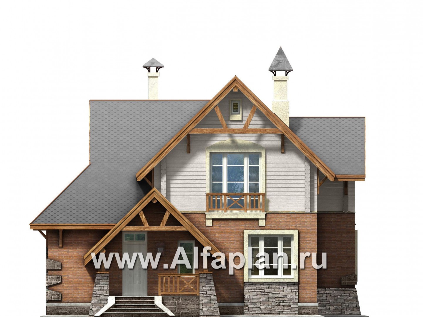 «Альпенхаус»- проект дома с мансардой, высокий потолок в гостиной, в стиле  шале, 1 эт из кирпича, 2 эт из бруса - фасад дома