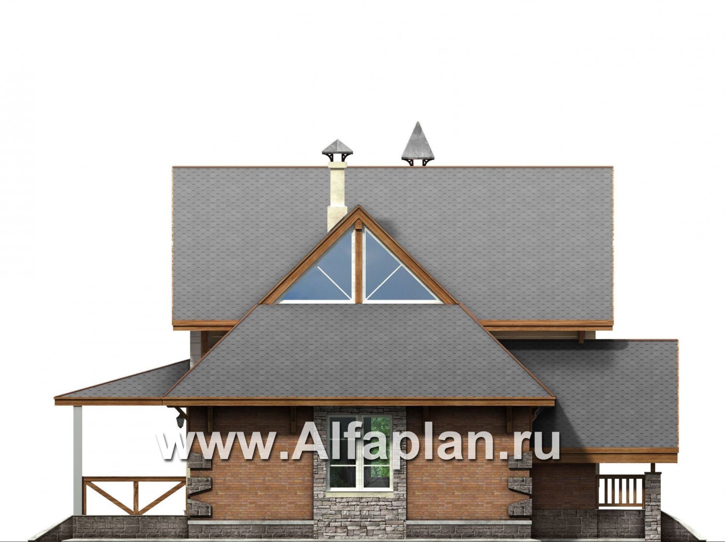«Альпенхаус»- проект дома с мансардой, высокий потолок в гостиной, в стиле  шале, 1 эт из кирпича, 2 эт из бруса - фасад дома