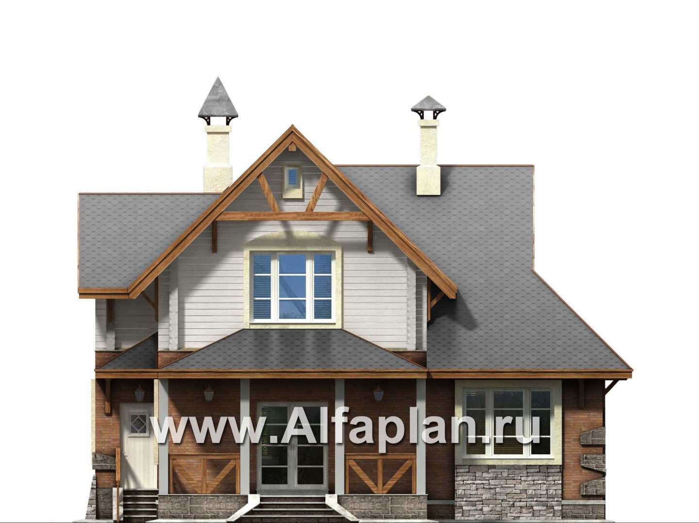 Проекты домов Альфаплан - «Альпенхаус»- проект дома с мансардой, высокий потолок в гостиной, в стиле  шале, 1 эт из кирпича, 2 эт из бруса - изображение фасада №4