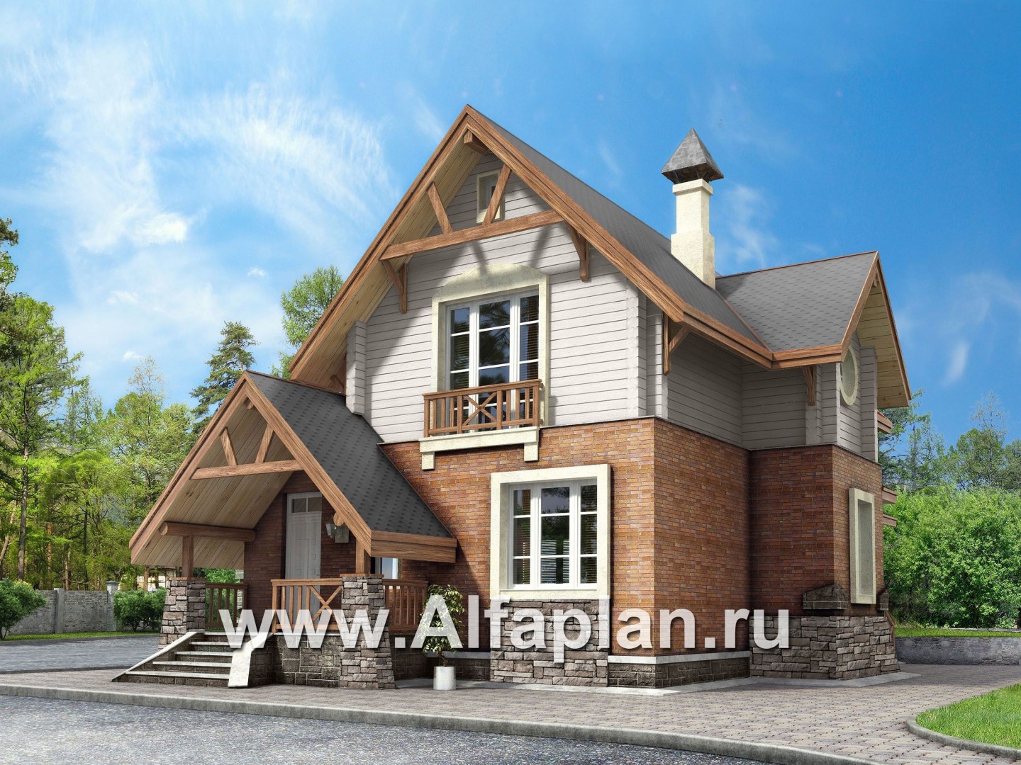 Проекты домов Альфаплан - «Альпенхаус»- проект дома с мансардой, высокий потолок в гостиной, в стиле  шале, 1 эт из кирпича, 2 эт из бруса - дополнительное изображение №1