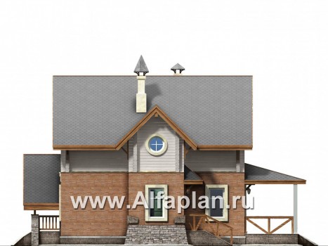 Проекты домов Альфаплан - «Альпенхаус»- проект дома с мансардой, высокий потолок в гостиной, в стиле  шале, 1 эт из кирпича, 2 эт из бруса - превью фасада №2