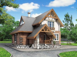 Превью проекта ««Альпенхаус»- проект дома с мансардой, высокий потолок в гостиной, в стиле  шале, 1 эт из кирпича, 2 эт из бруса»