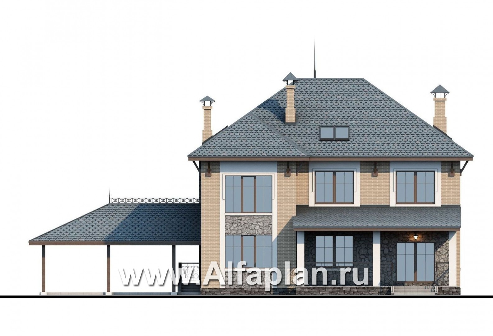 Проекты домов Альфаплан - «Айвенго»- двуxэтажный особняк с мансардой и навесом для машин - изображение фасада №4
