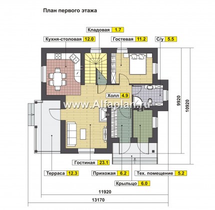 Проект дома с мансардой из кирпича, мастер спальня, с террасой и с балконом - превью план дома