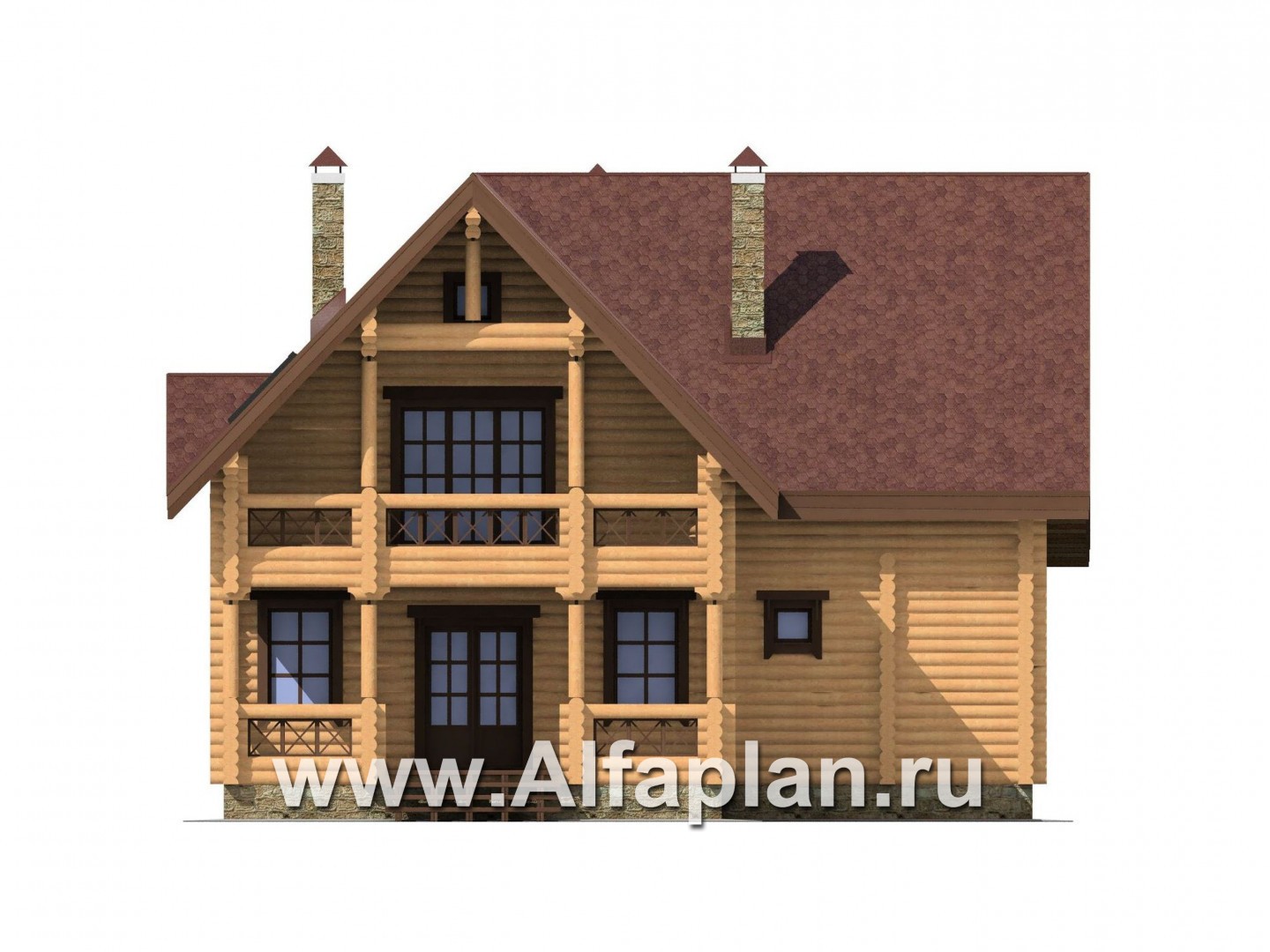Проект деревянного дома с мансардой, из бревен, с верандой - фасад дома