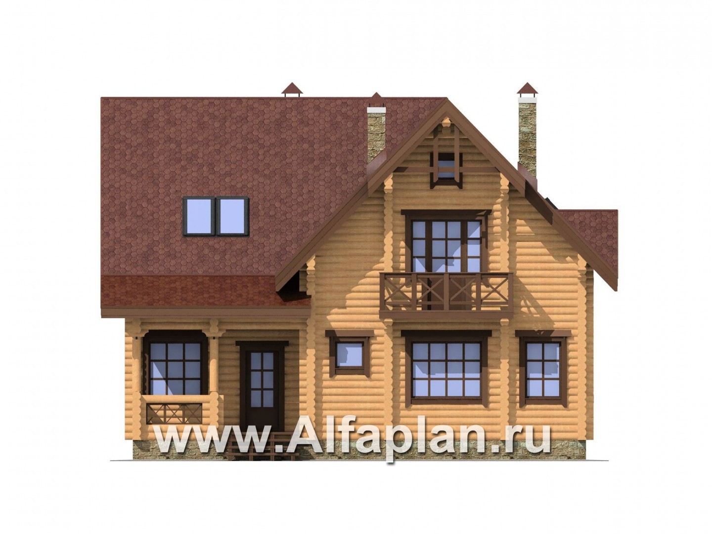 Проект деревянного дома с мансардой, из бревен, с верандой - фасад дома