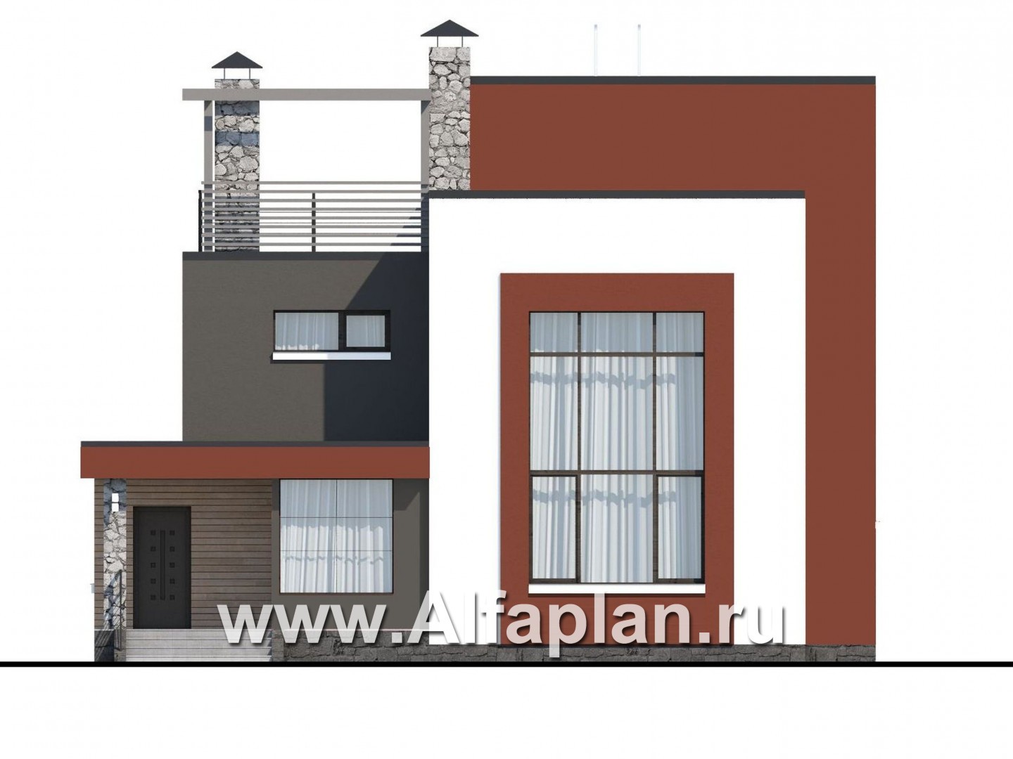 Проекты домов Альфаплан - «Пристань» - проект дома с плоской эксплуатируемой кровлей - изображение фасада №1