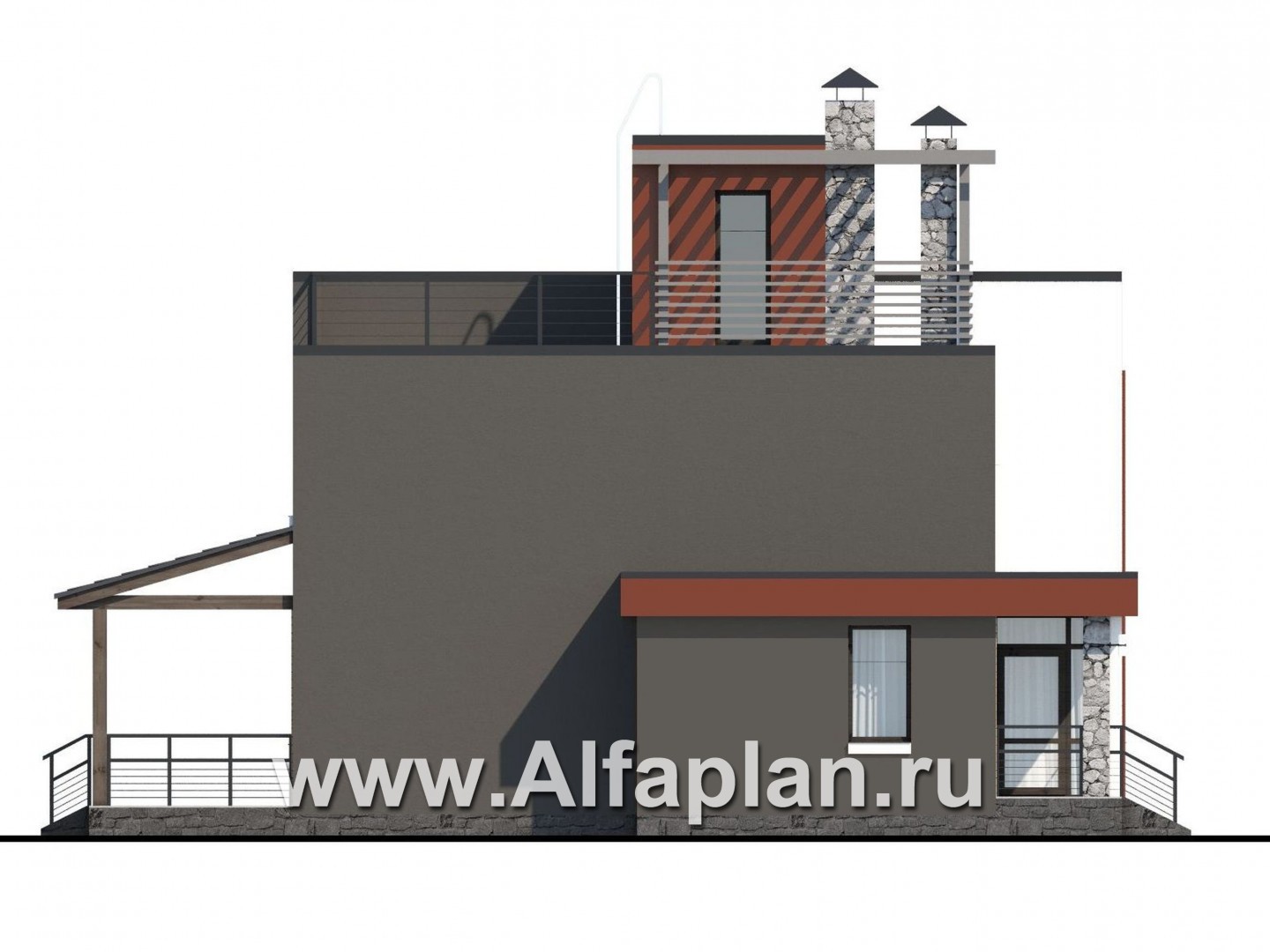 Проекты домов Альфаплан - «Пристань» - проект дома с плоской эксплуатируемой кровлей - изображение фасада №3