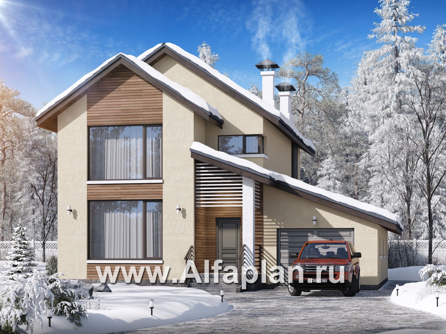 Проекты домов Альфаплан - «Весна» - проект двухэтажного дома, планировка с террасой и с гаражом, в скандинавском стиле - основное изображение