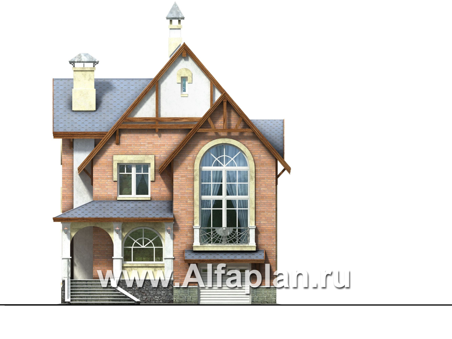 Проекты домов Альфаплан - Проект трехэтажного дома из газобетона «Индиго», со вторым светом, с гаражом в цоколе - изображение фасада №1
