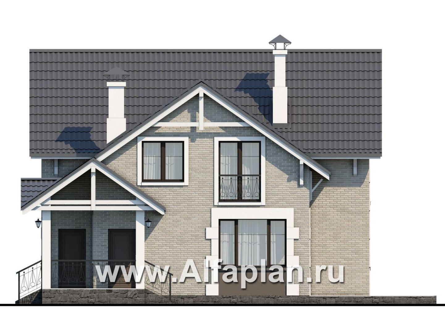 Проекты домов Альфаплан - «Кадет» - проект дома с мансардой, из кирпича, в стиле эклектика - изображение фасада №2