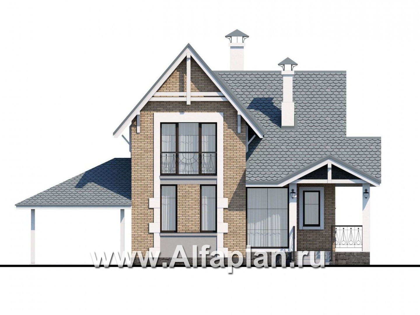 Проекты домов Альфаплан - «Кадет» - проект  дома с мансардой, из кирпича, с навесом на 1 авто, в стиле эклектика - изображение фасада №1