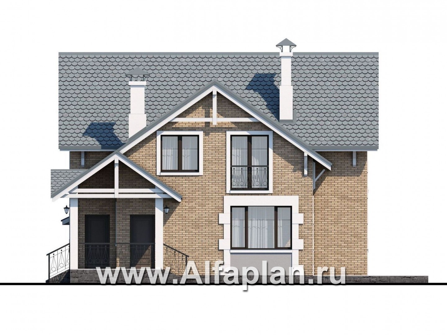 Проекты домов Альфаплан - «Кадет» - проект  дома с мансардой, из кирпича, с навесом на 1 авто, в стиле эклектика - изображение фасада №2