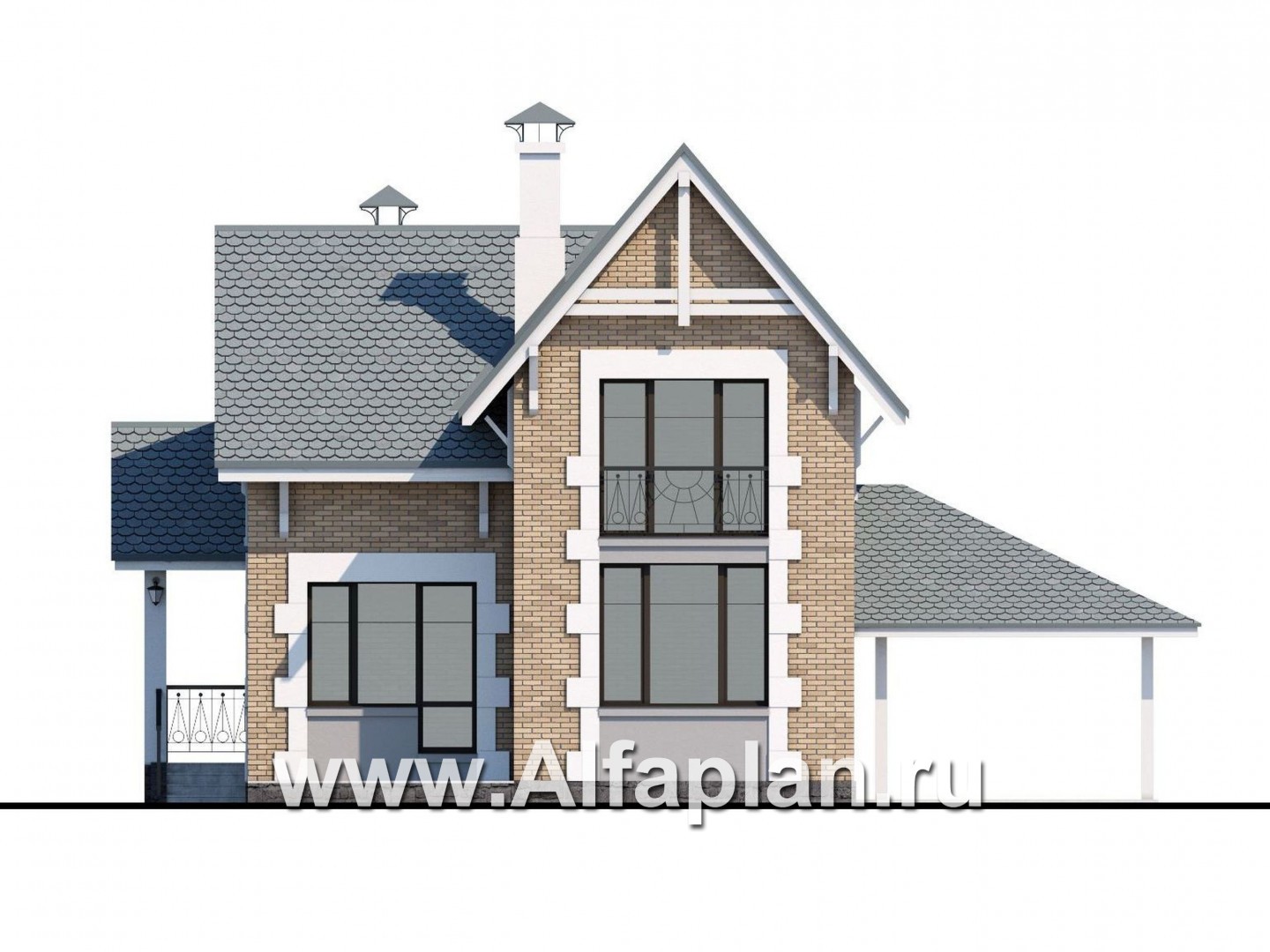 Проекты домов Альфаплан - «Кадет» - проект  дома с мансардой, из кирпича, с навесом на 1 авто, в стиле эклектика - изображение фасада №4