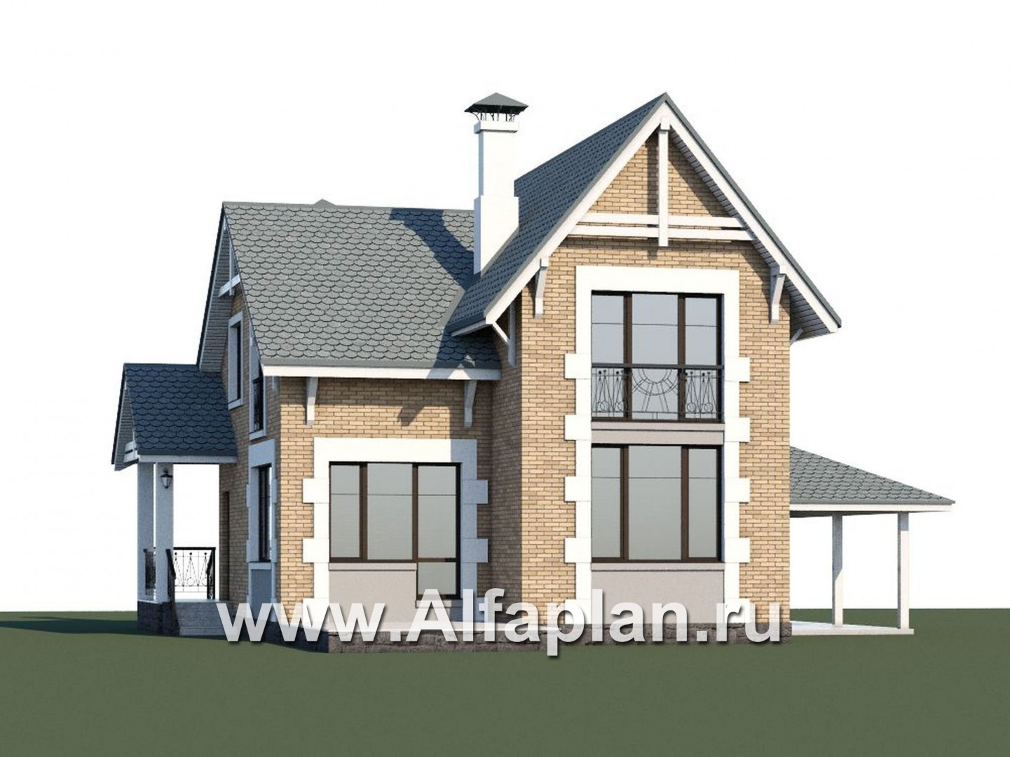 Проекты домов Альфаплан - «Кадет» - проект  дома с мансардой, из кирпича, с навесом на 1 авто, в стиле эклектика - дополнительное изображение №1