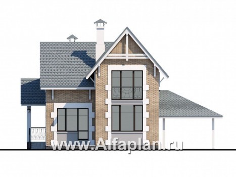 Проекты домов Альфаплан - «Кадет» - проект  дома с мансардой, из кирпича, с навесом на 1 авто, в стиле эклектика - превью фасада №4