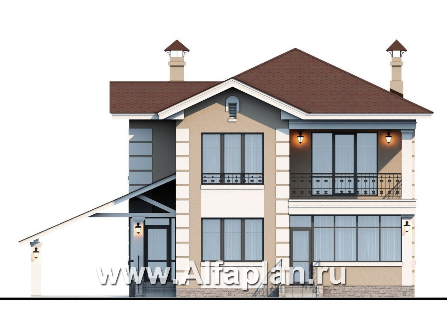 Проекты домов Альфаплан - «Знаменка»- удобный коттедж с навесом для машины - изображение фасада №1