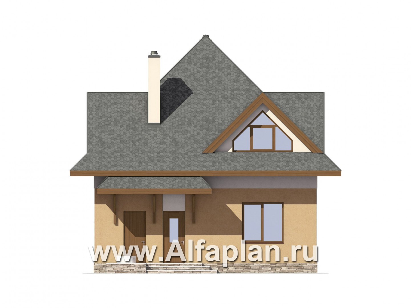 Проект дома с мансардой, 3 спальни, открытая планировка с камином, гостевая комната на 1 эт - фасад дома
