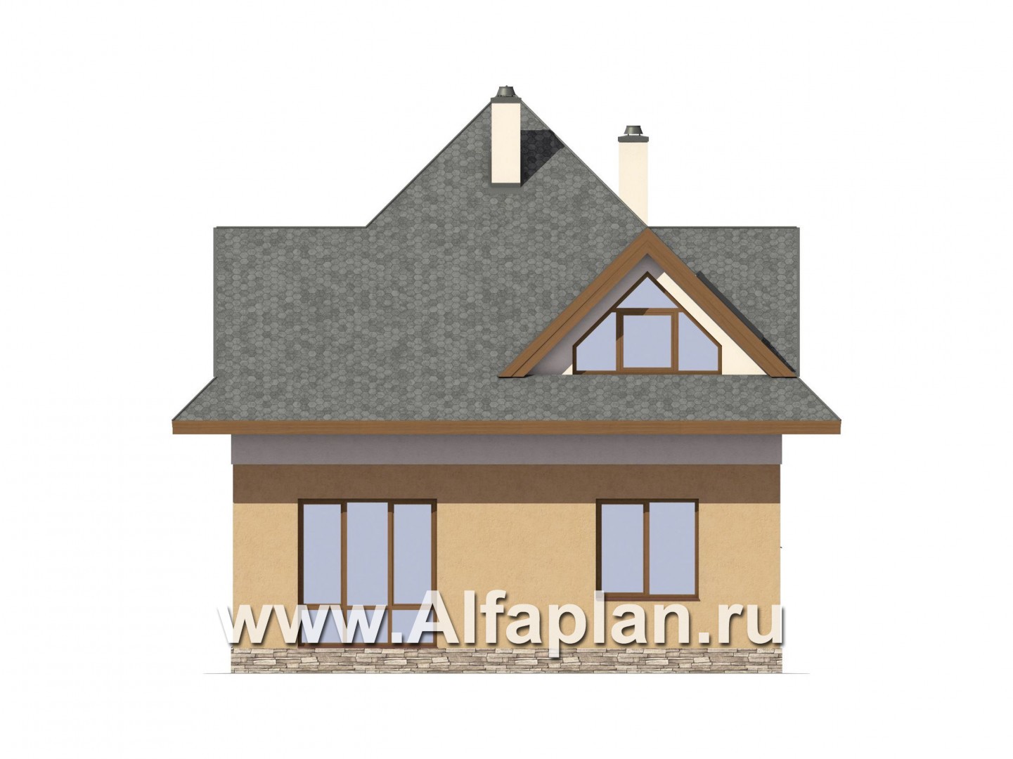 Проект дома с мансардой, 3 спальни, открытая планировка с камином, гостевая комната на 1 эт - фасад дома