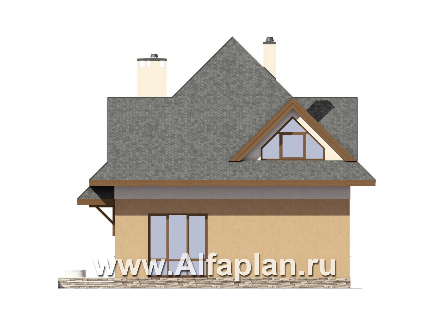 Проект дома с мансардой, 3 спальни, открытая планировка с камином, гостевая комната на 1 эт - фасад дома