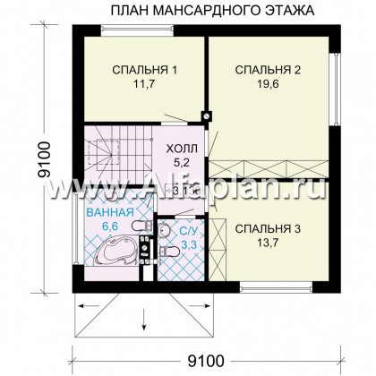 Проект дома с мансардой, 3 спальни, открытая планировка с камином, гостевая комната на 1 эт - превью план дома